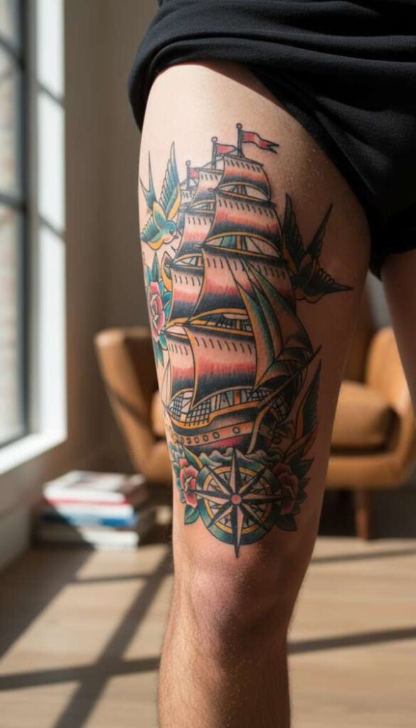 Real human photograph, photorealistic, natural lighting, an American traditional style tattoo on a man's thigh, vibrant colors, not artificial, not fake